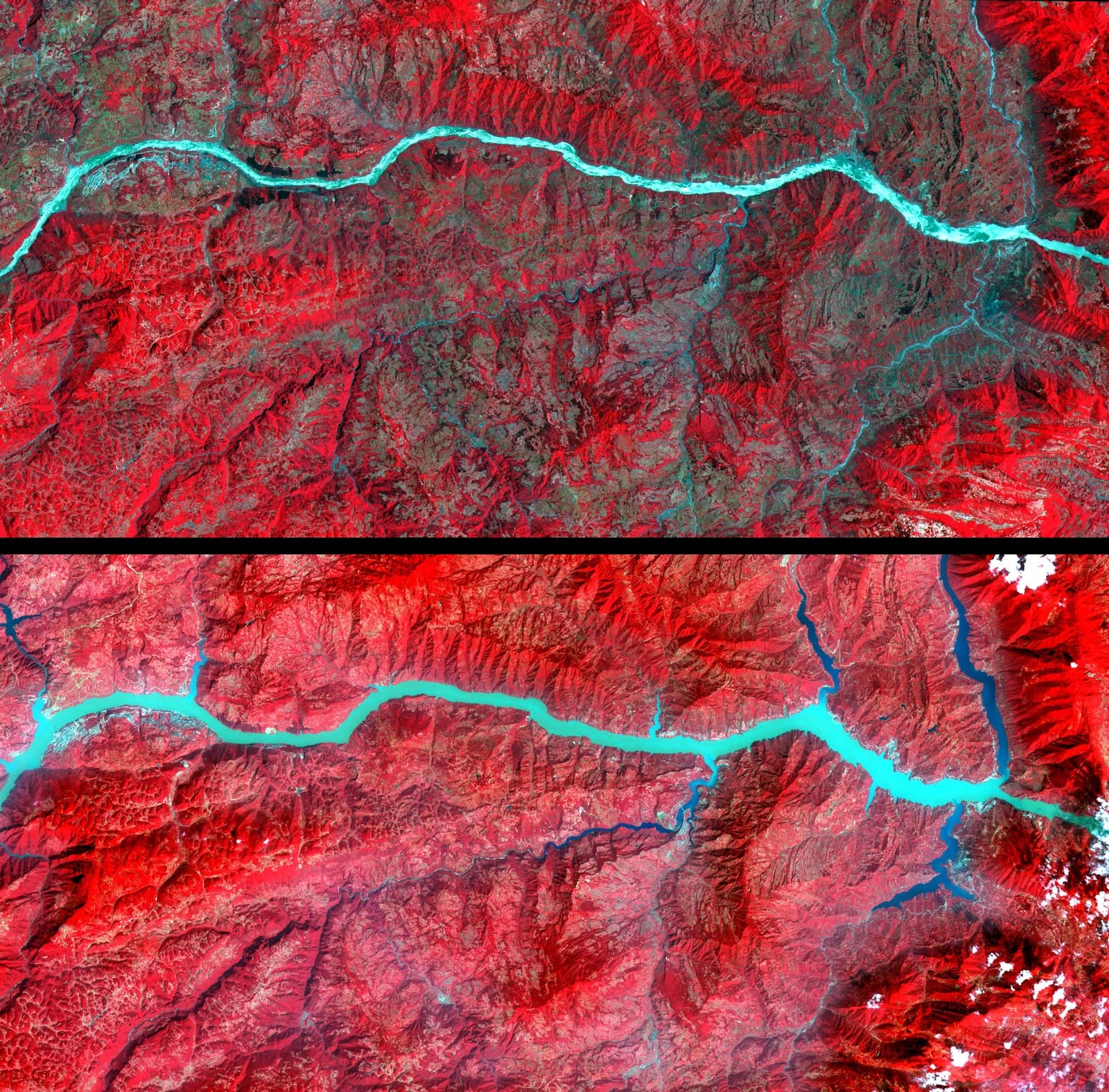 Satellite view of the Yangtze River in China, showing surrounding land in red.