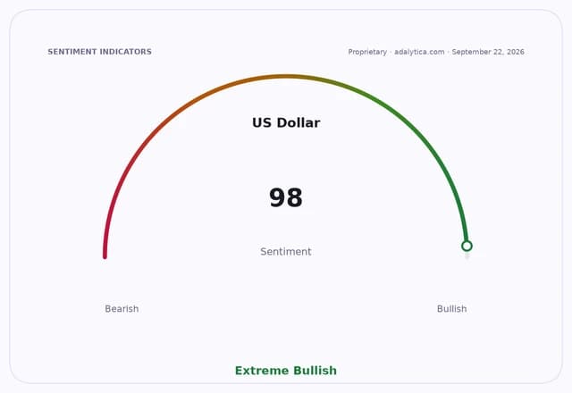 US Dollar sentiment dial showing a reading of 98, indicating Extreme Bullish sentiment.