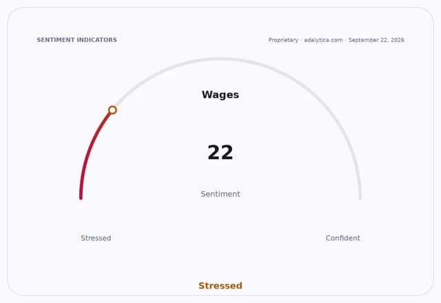 A sentiment gauge dial for 'Wages' showing a reading of 22 in the 'Stressed' zone.