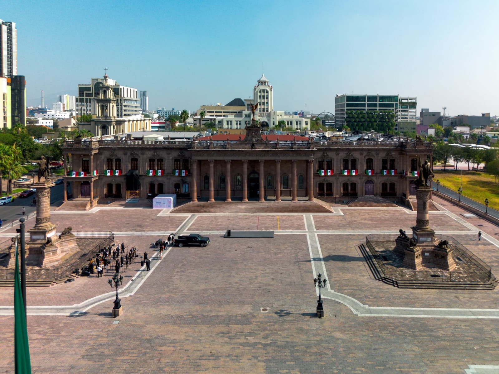 Aerial view of the historic Government Palace of Nuevo León, Mexico, in a public plaza.