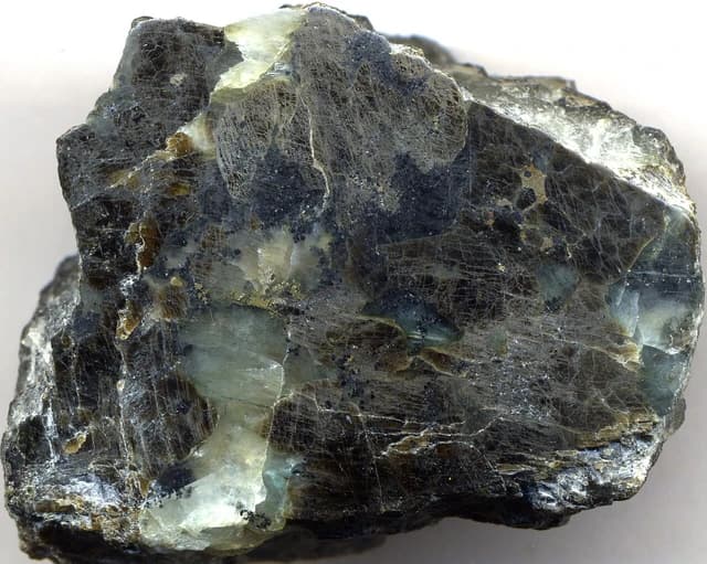 Pegmatitic feldspathic orthopyroxenite rock sample from Merensky Reef, South Africa.