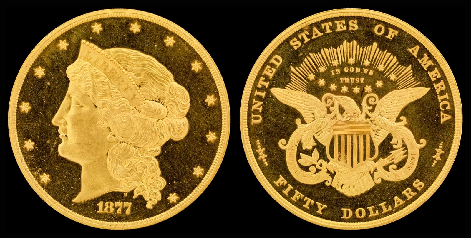 Front and back view of the 1877 United States Fifty Dollar gold pattern coin.