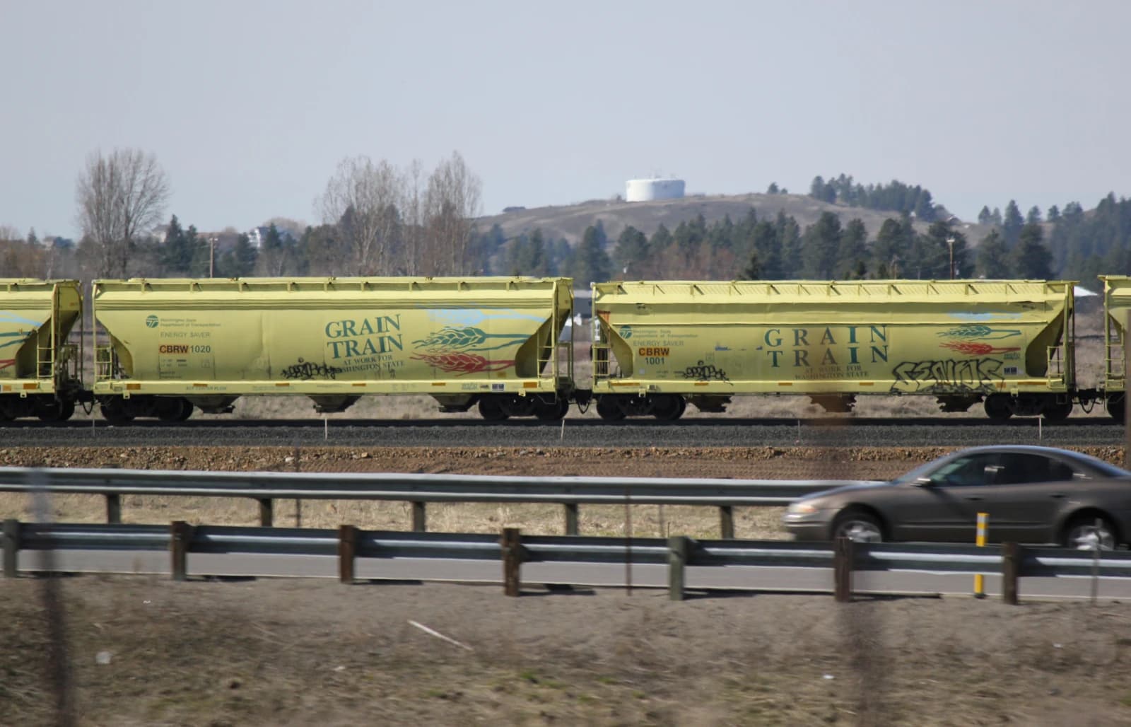 Grain train with yellow cars and text 'GRAIN TRAIN' moving on tracks.