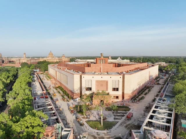 Aerial view of the new Parliament Building in New Delhi, India.