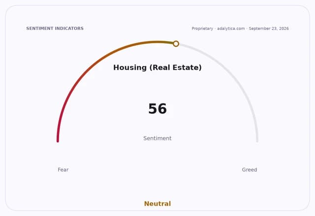 Housing sentiment gauge dial points to 56, indicating Neutral sentiment, between Fear and Greed.