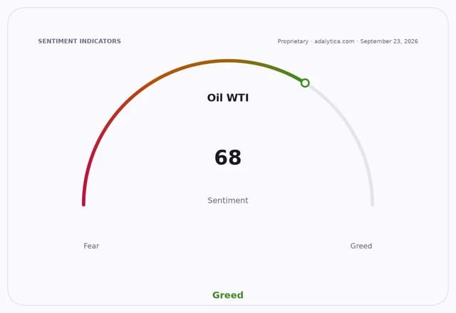 An Oil WTI sentiment gauge dial pointing to 68, indicating 'Greed'.
