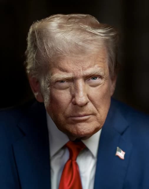 Donald Trump, former President of the United States, looking intently at the viewer.